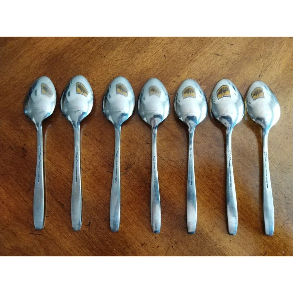 Vtg Lot 7 Dinner Spoons Stainless Grand Prix Florentine Black Swirl Design Japan